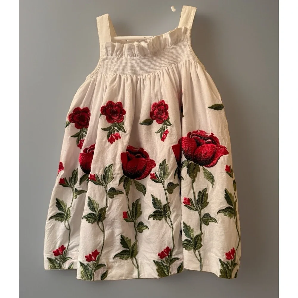 Edgehill Collection Toddler Girls White Embroidered Red Rose Dress Size 24M